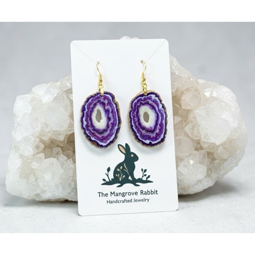 Handmade Faux Purple Amethyst Geode Slice Druzy Dangle Statement Earrings